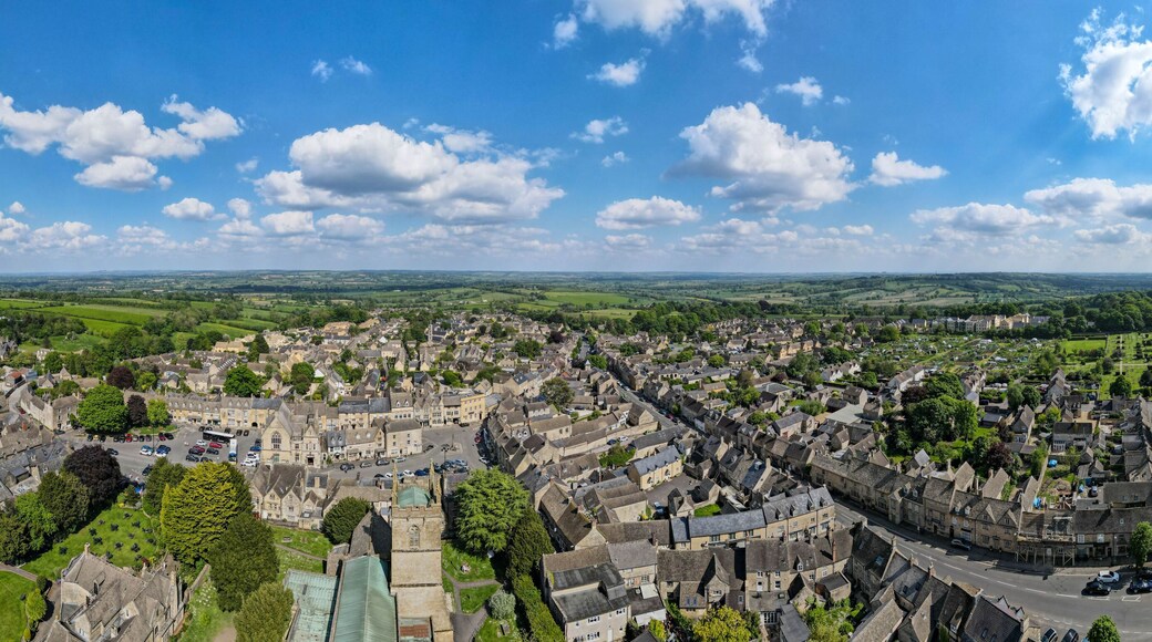 Drone view at the village of Stow on the wold in England