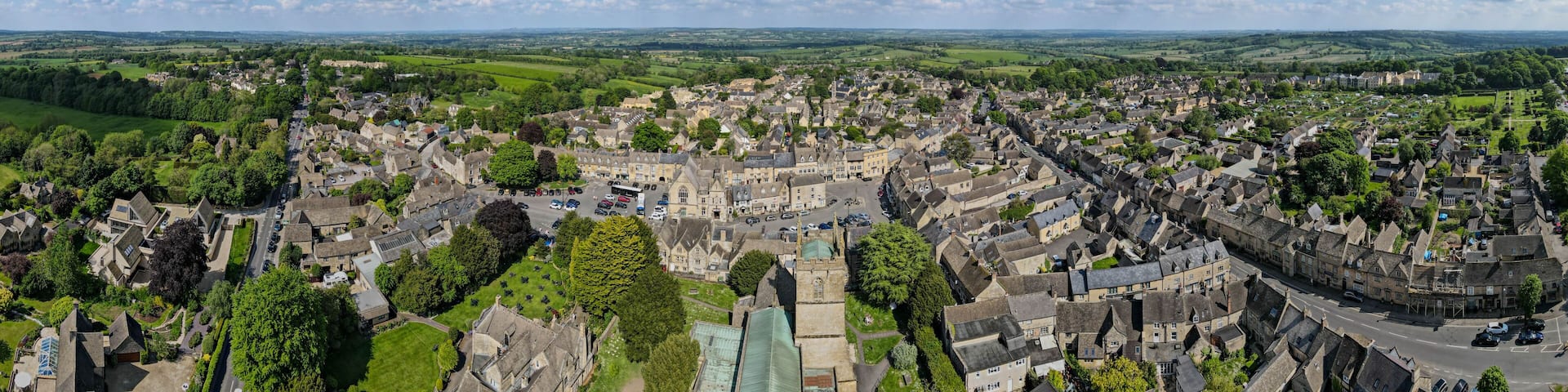 Drone view at the village of Stow on the wold in England