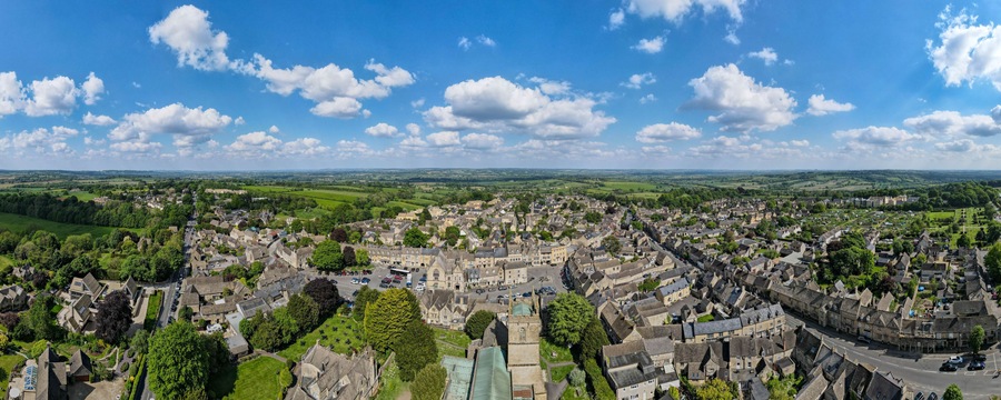 Drone view at the village of Stow on the wold in England