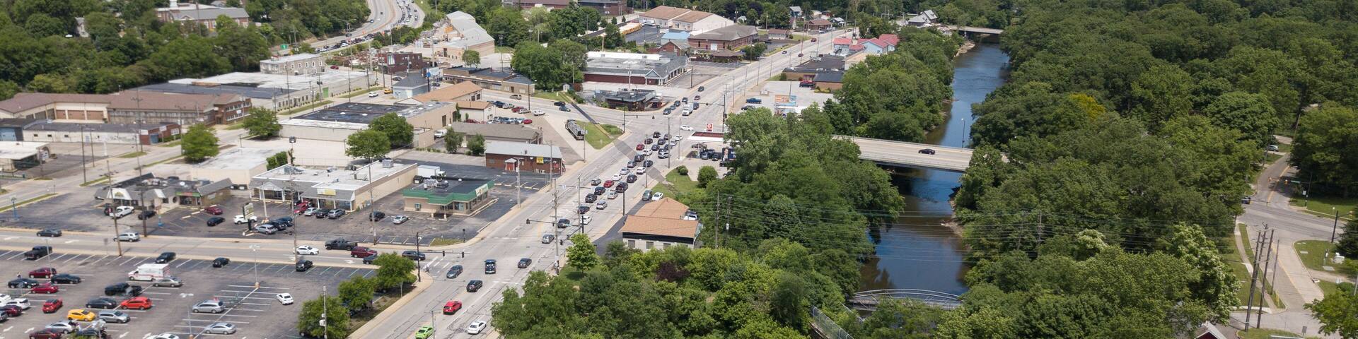 Cuyahoga River in Cuyahoga Falls, Ohio aerial photography