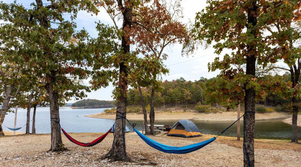 Camping tents and hammock near a beautiful lake among trees, campsite, adventure vacation concept, Broken bow lake in Oklahoma, USA.