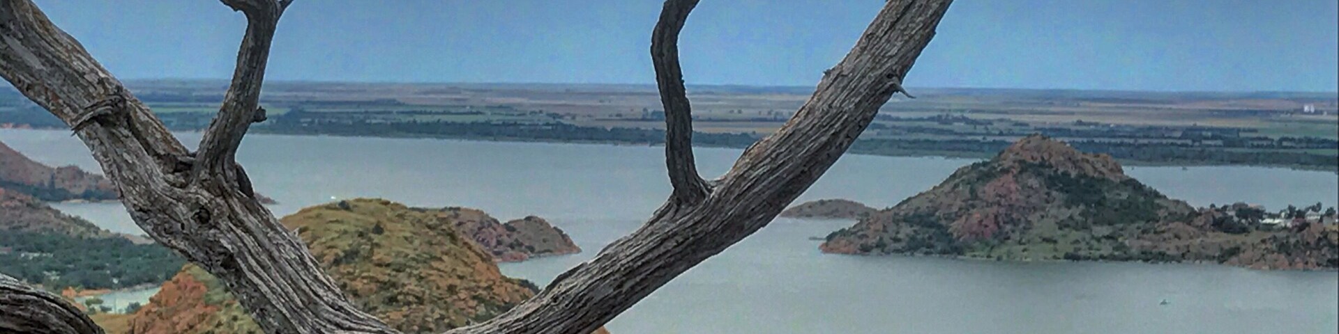 A dead tree branch in the foreground with a lake and hills in the background.