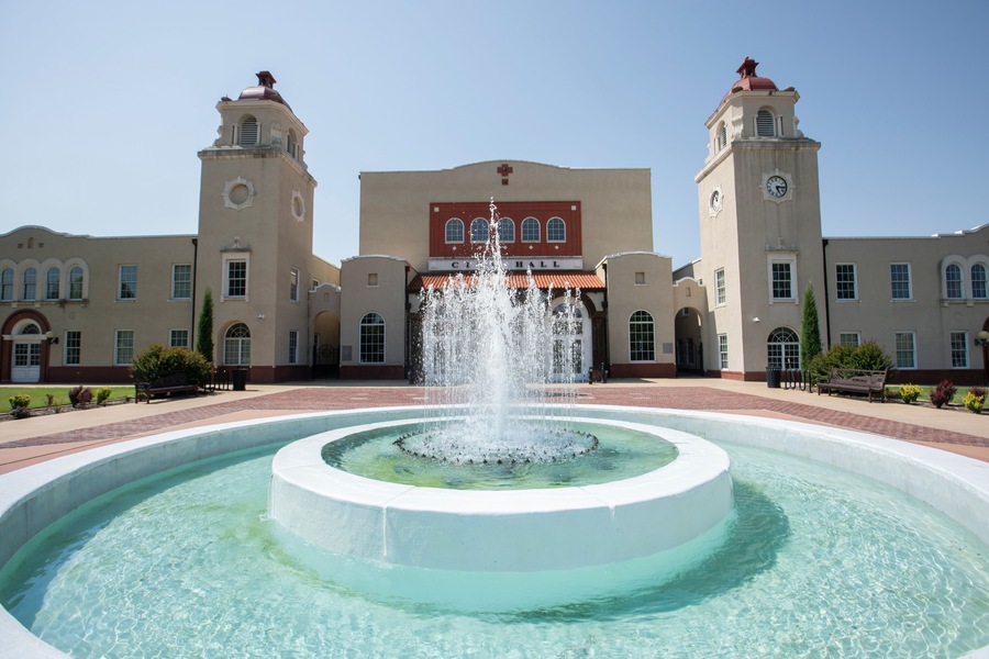 Ponca City, Oklahoma, USA - June 24, 2023: Morning sun shines on the historic downtown City Hall.