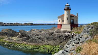 Coquille River Lighthouse at Bullards Beach State Park at Bandon, Oregon, a panoramic view on a beautiful summer day 20220707