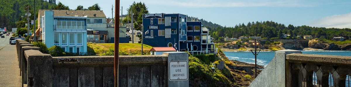 Ein Schild mit der Aufschrift 'Depoe Bay World's Smallest Harbor' mit Blick auf eine Küstenlandschaft, Gebäude und einen klaren Himmel.