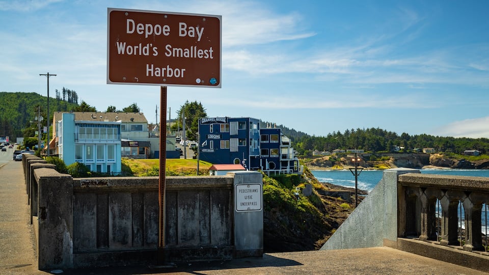 A sign stating 'Depoe Bay World's Smallest Harbor' with a view of a coastal area, buildings, and a clear sky.