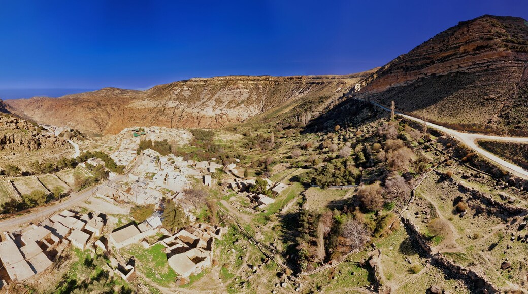 Composite high-resolution panorama of the Dana Village narby the Dana Reserve, a 1000-metre deep valley cut in the south-western mountainous region of the Kingdom of Jordan.