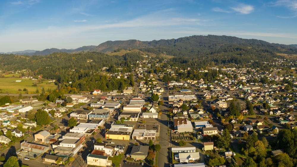 Aerial of small town Myrtle Point in Southern Oregon