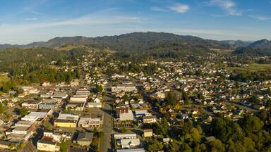 Aerial of small town Myrtle Point in Southern Oregon
