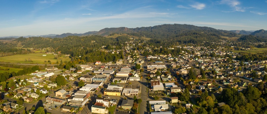 Aerial of small town Myrtle Point in Southern Oregon