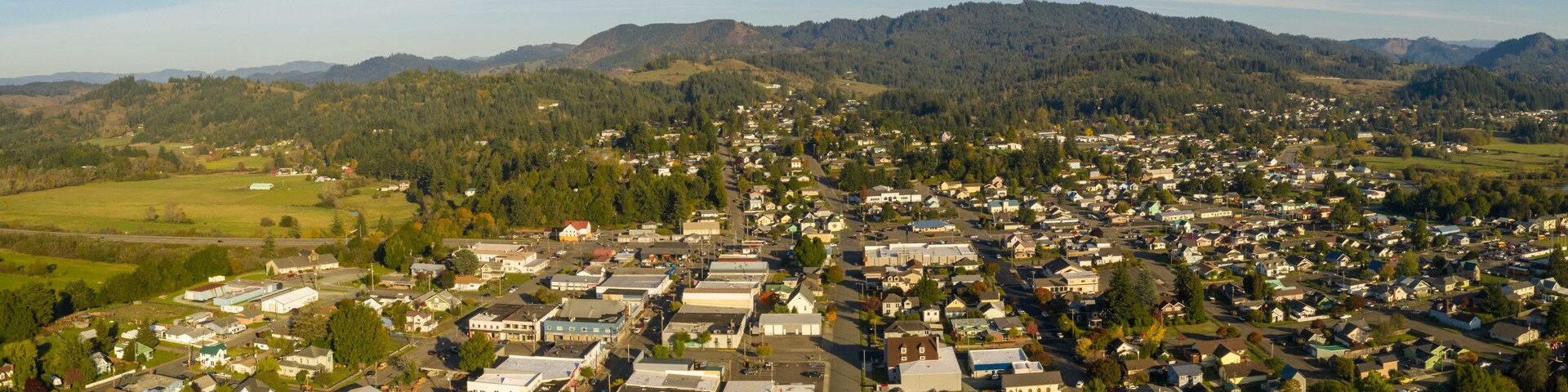 Aerial of small town Myrtle Point in Southern Oregon