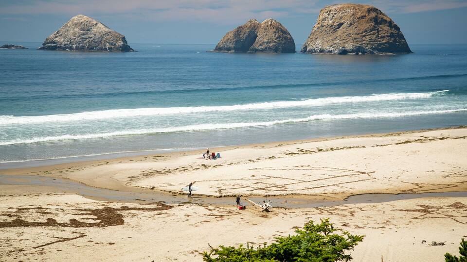 A beach with three large rock formations in the background and people near a marked area on the sand.