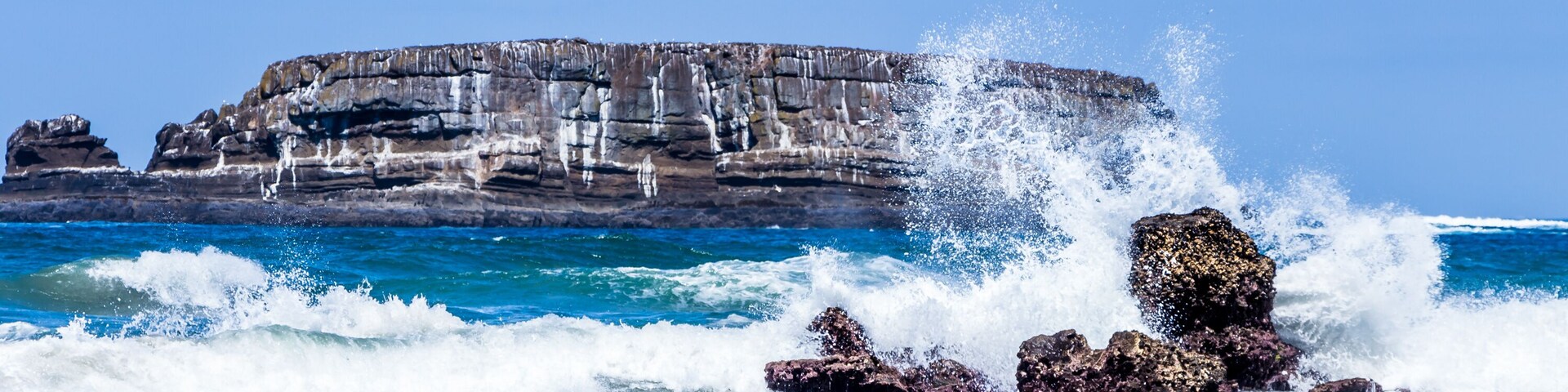 Una costa rocosa con olas rompiendo contra las rocas.