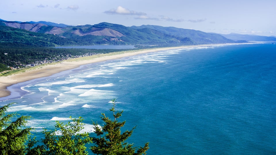 A coastal landscape with a sandy beach, ocean waves, and a forested mountain range.