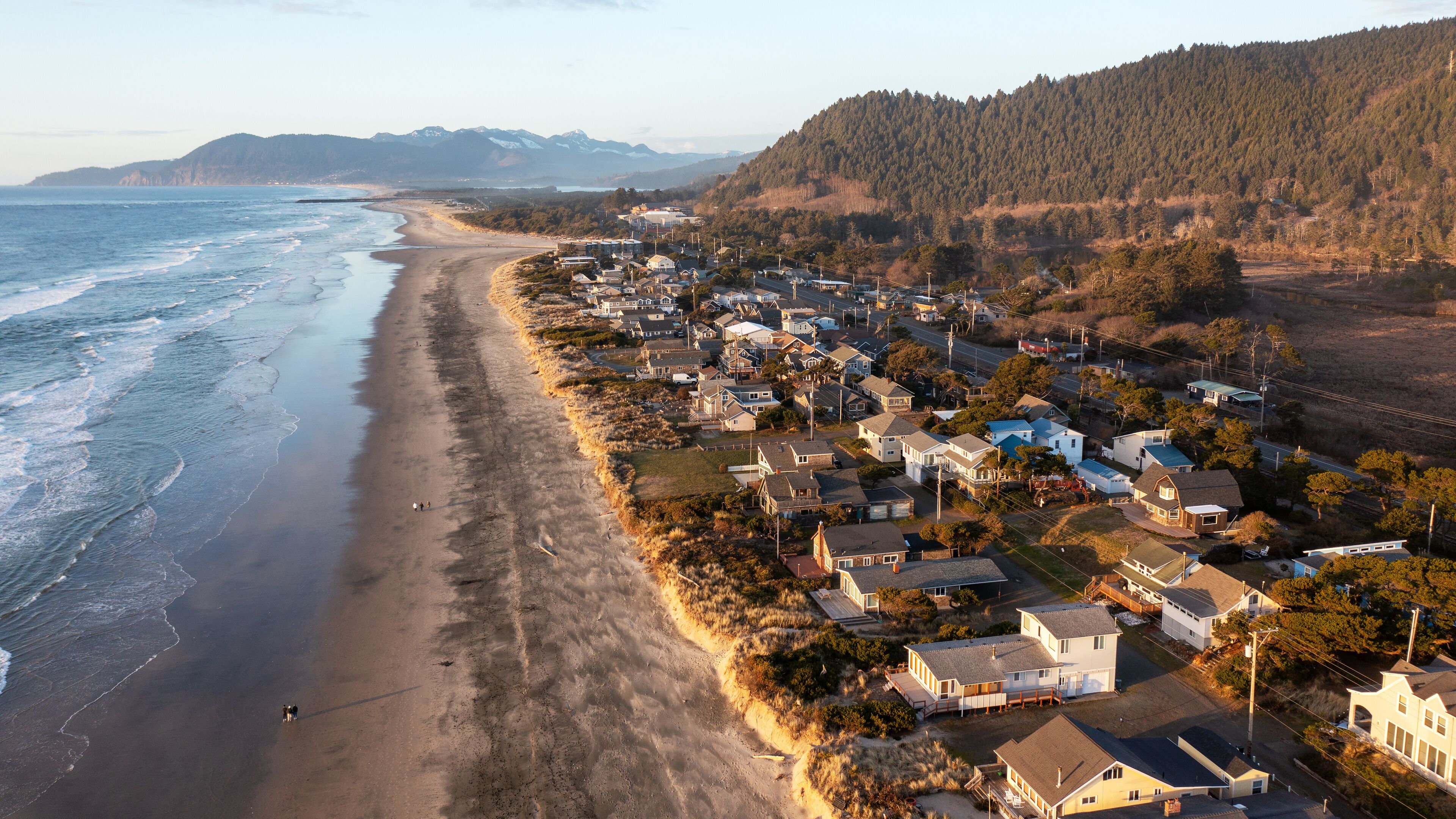 Aerial photo looking north toward Manzanita and Mount Neah-Kah-Nie along the beach and Pacific Ocean, Rockaway Beach, Oregon, Pacific Northwest, United States 