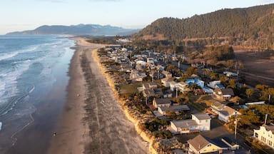 Uma vila costeira com uma praia, casas e uma colina arborizada ao fundo.