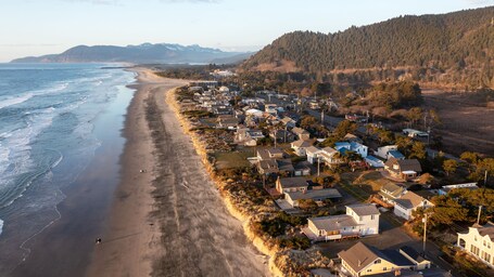 A coastal town with a beach, houses, and a forested hill in the background.