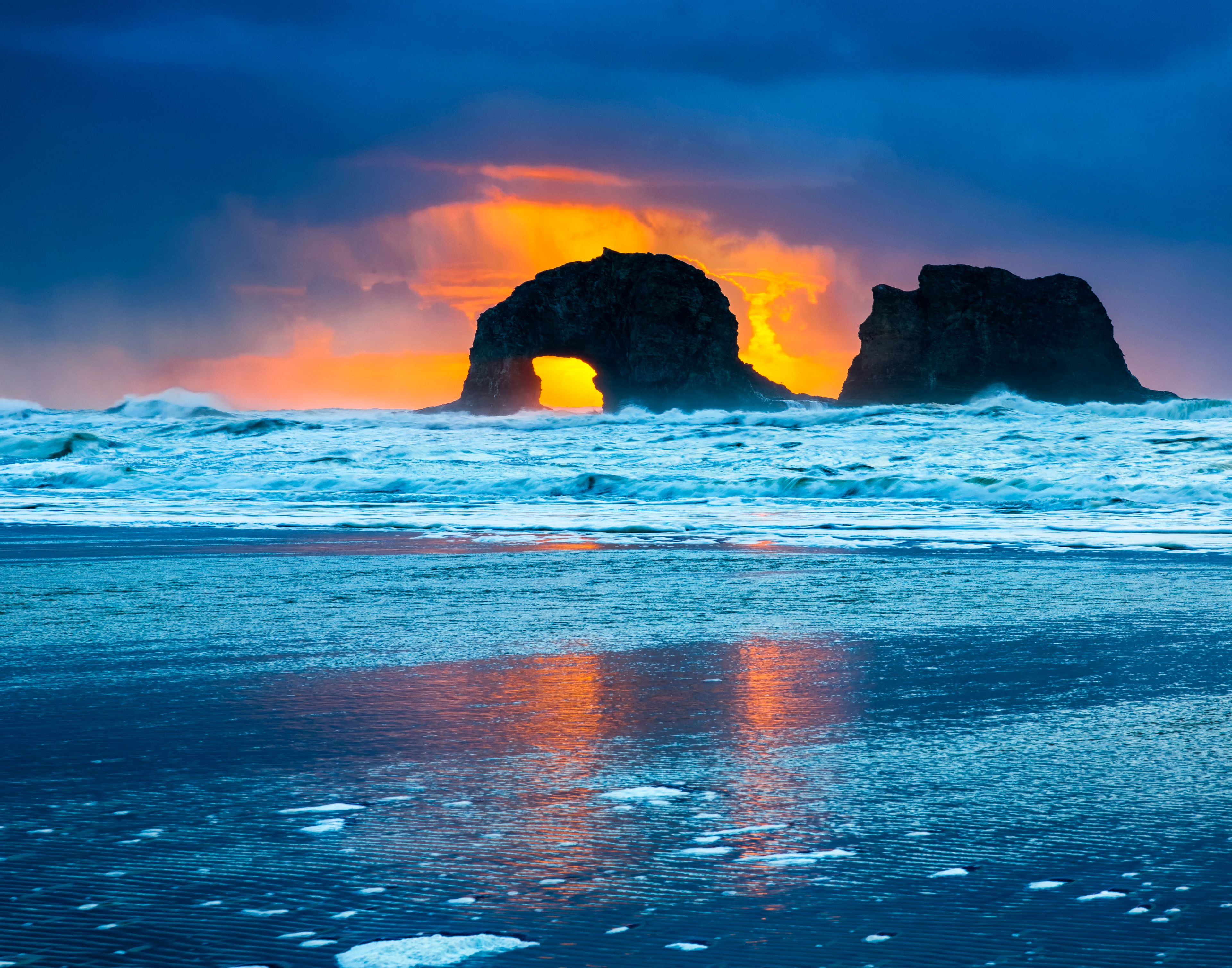 Scenic view of Twin Rocks during sunset