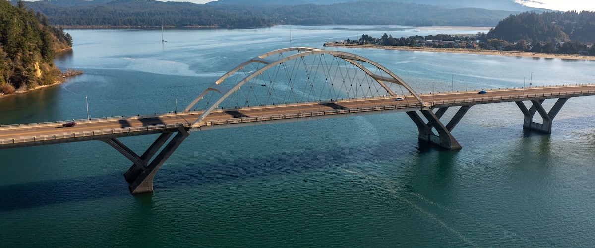 A large suspension bridge spanning a wide river with a forested landscape and mountains in the background.