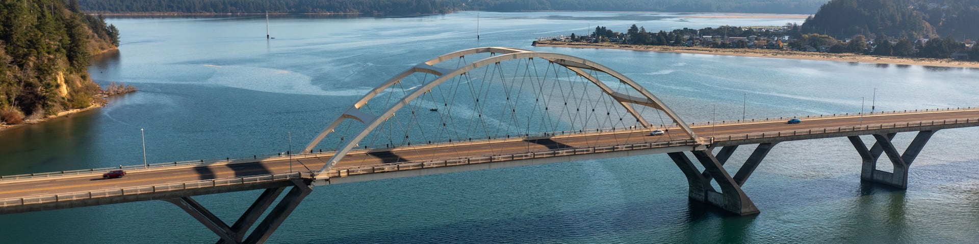 A large suspension bridge spanning a wide river with a forested landscape and mountains in the background.