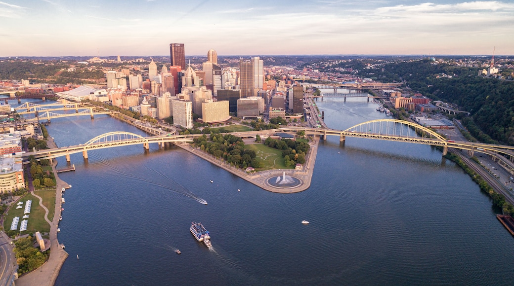 Aerial view of Pittsburgh, Pennsylvania. Business district Point State Park Allegheny Monongahela Ohio rivers in background.