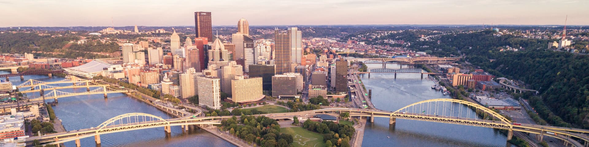 Aerial view of Pittsburgh, Pennsylvania. Business district Point State Park Allegheny Monongahela Ohio rivers in background.