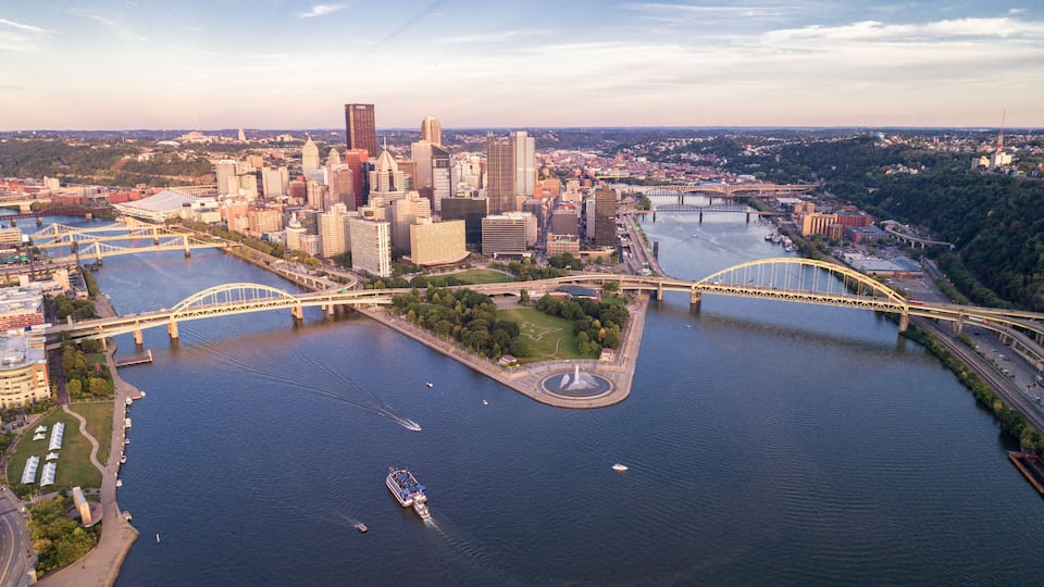 Aerial view of Pittsburgh, Pennsylvania. Business district Point State Park Allegheny Monongahela Ohio rivers in background.