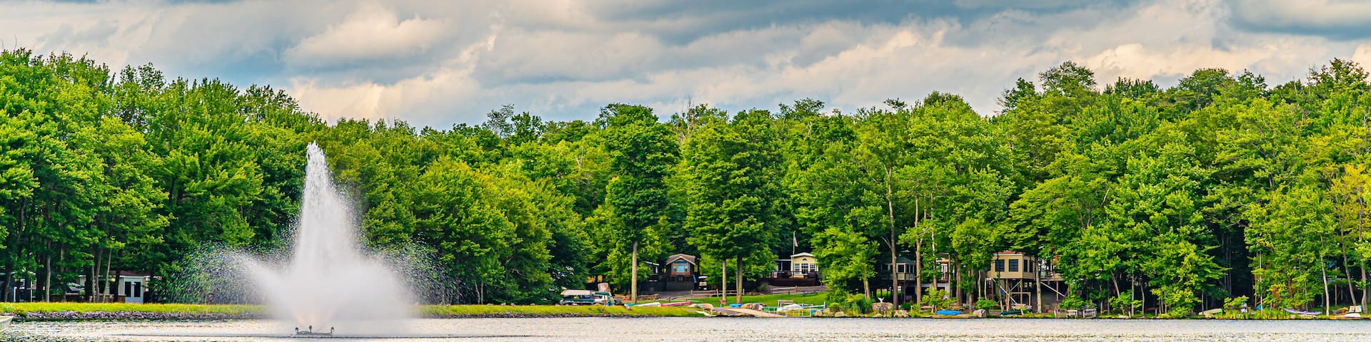 A lake with a fountain, surrounded by dense green trees and houses.