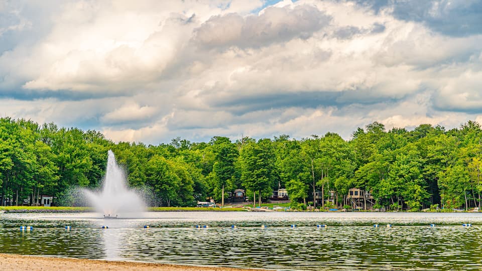 A lake with a fountain, surrounded by dense green trees and houses.