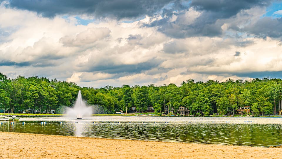 A lake with a fountain, surrounded by a forest and houses.
