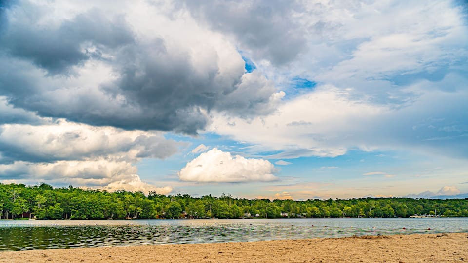 A beach with a lake, trees, and a cloudy sky.