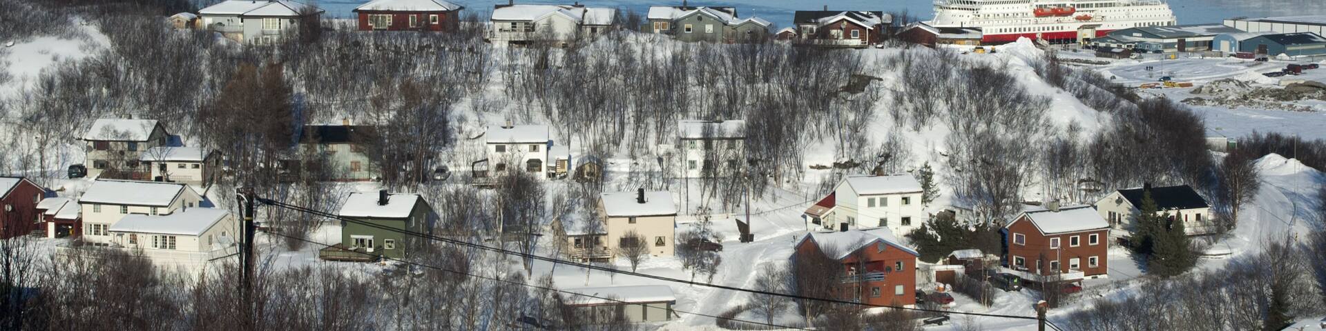 A snowy coastal town with houses, a cruise ship, and snow-covered hills.