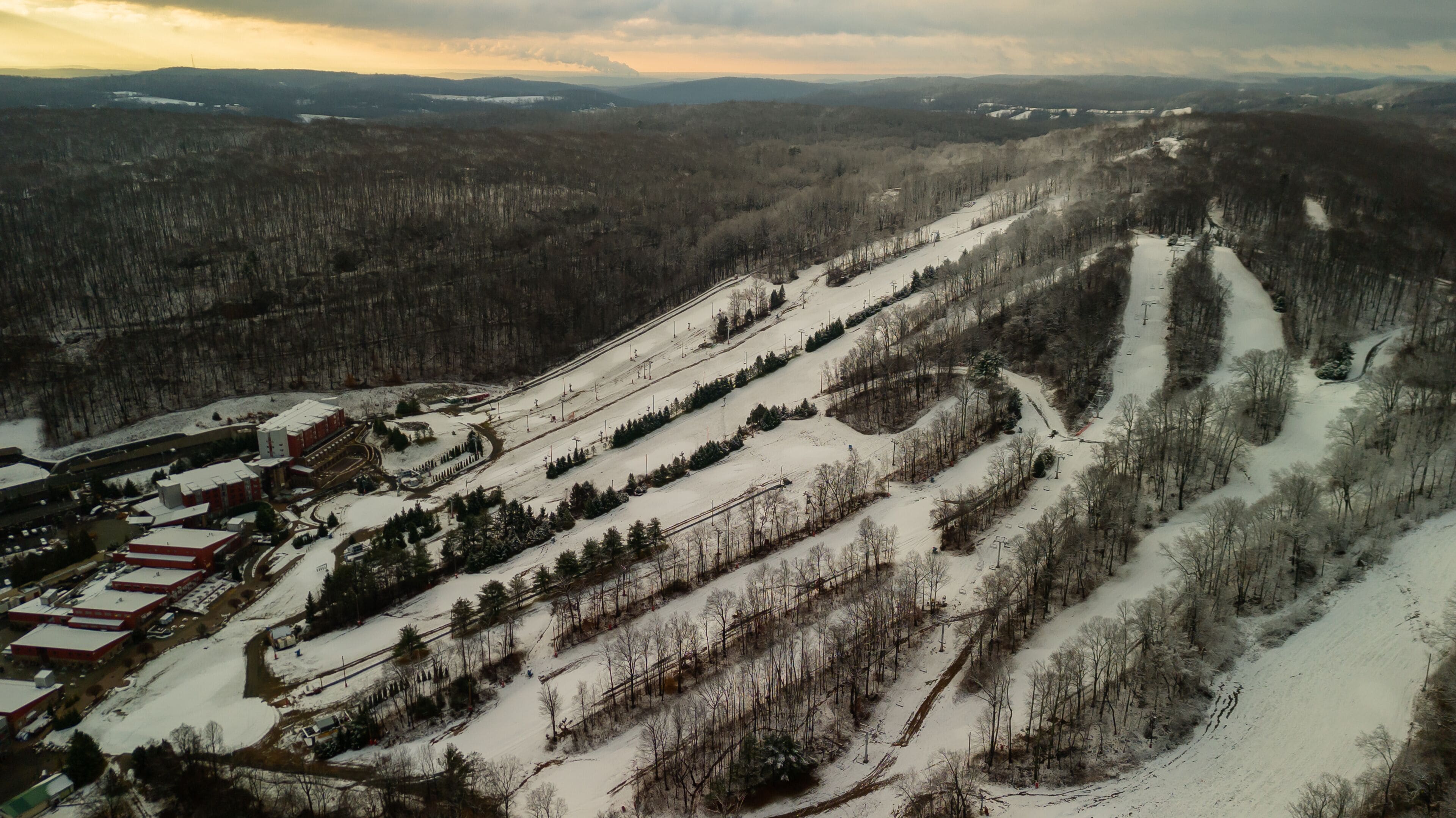 Aerial of Poconos mountain with snow 