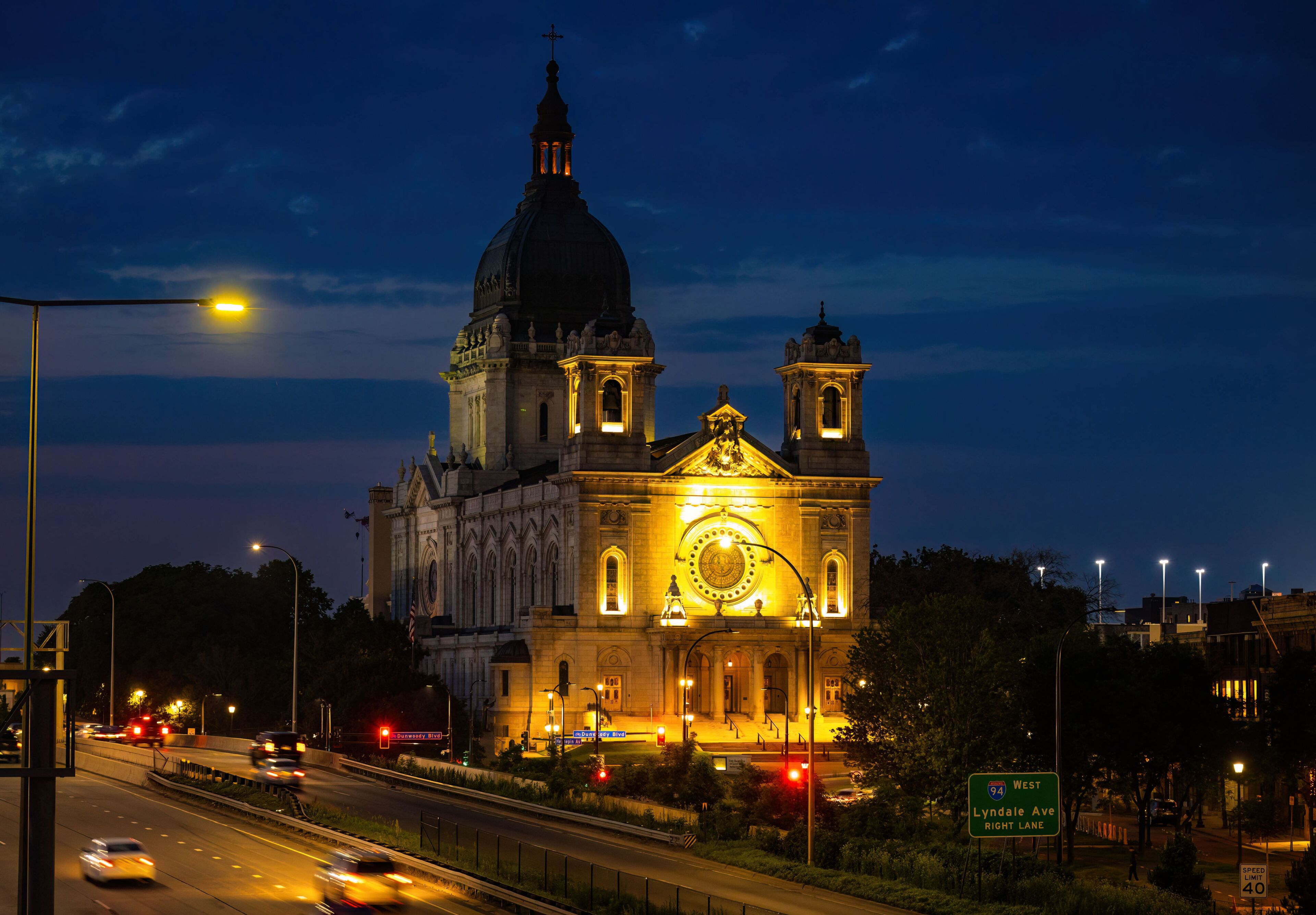 Vibrant view of Basilica of Saint Mary illuminated at night