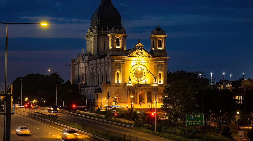 Vibrant view of Basilica of Saint Mary illuminated at night