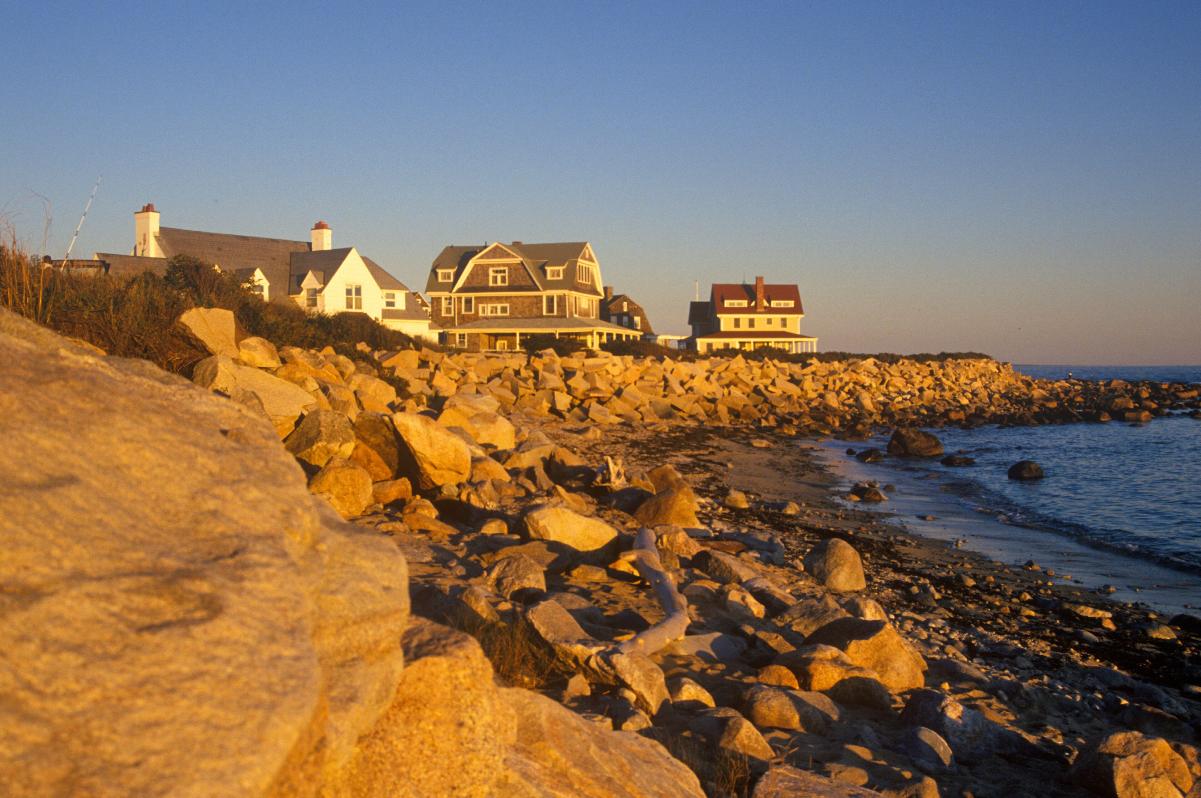 Ocean front home on Scenic route 1 at sunset, Misquamicut, RI