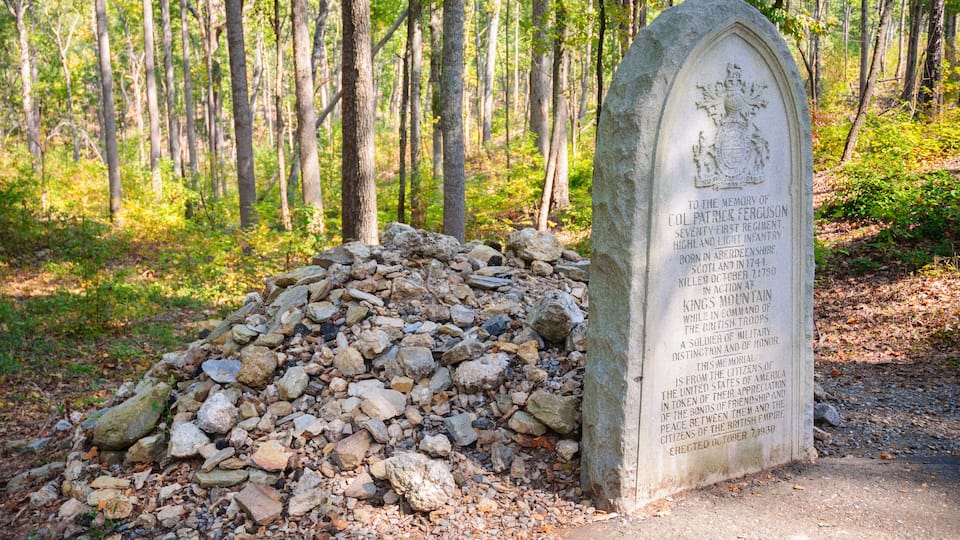 A gravestone with an inscription in a forested area.