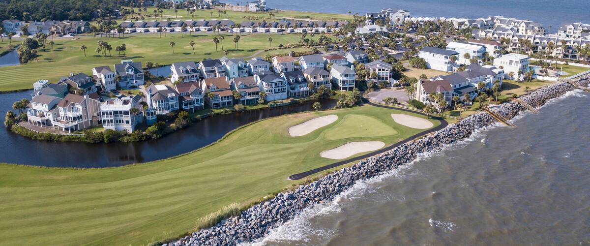 Aerial view of exclusive golf community on the Atlantic coast of USA.
