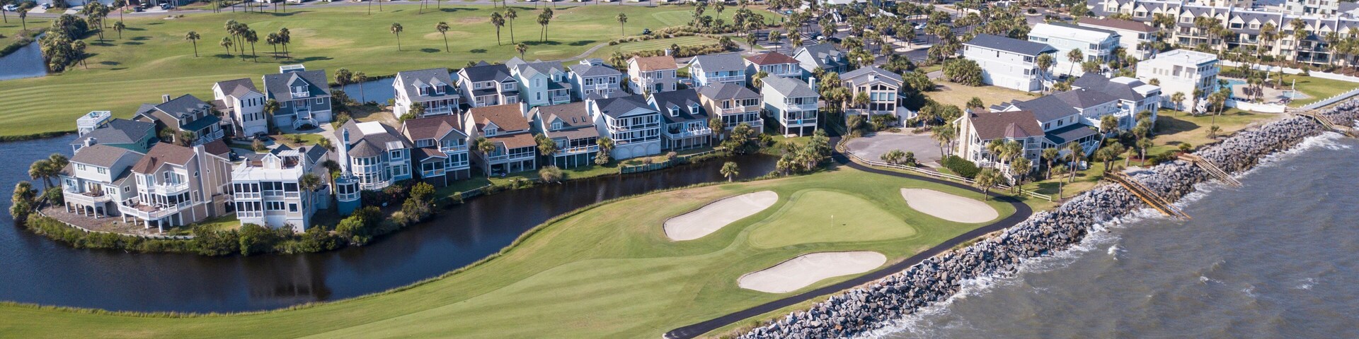 Aerial view of exclusive golf community on the Atlantic coast of USA.