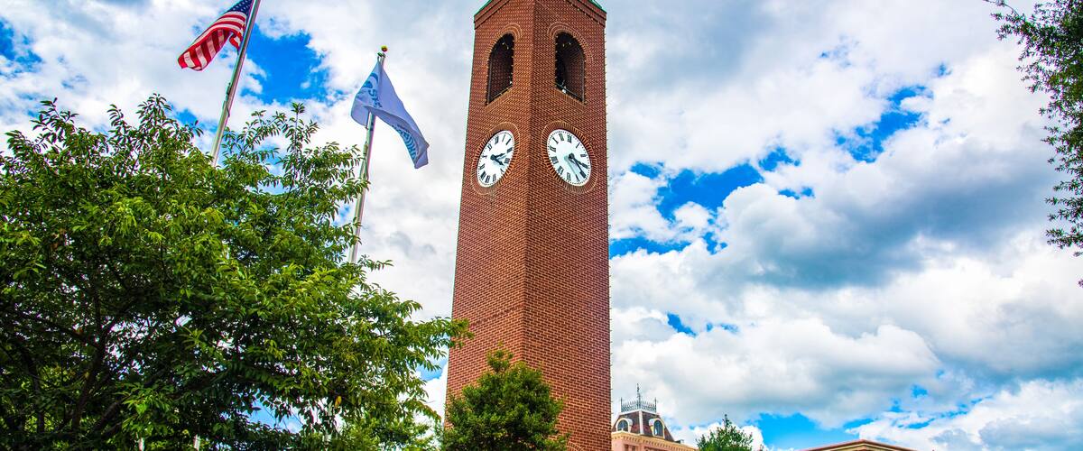 A tall brick clock tower with American flags, surrounded by lush greenery and a clear sky.
