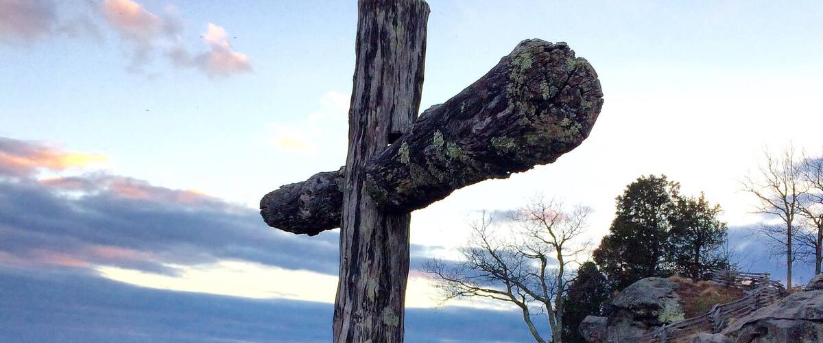 A wooden signpost with a forked path, surrounded by greenery and overlooking a mountainous landscape.