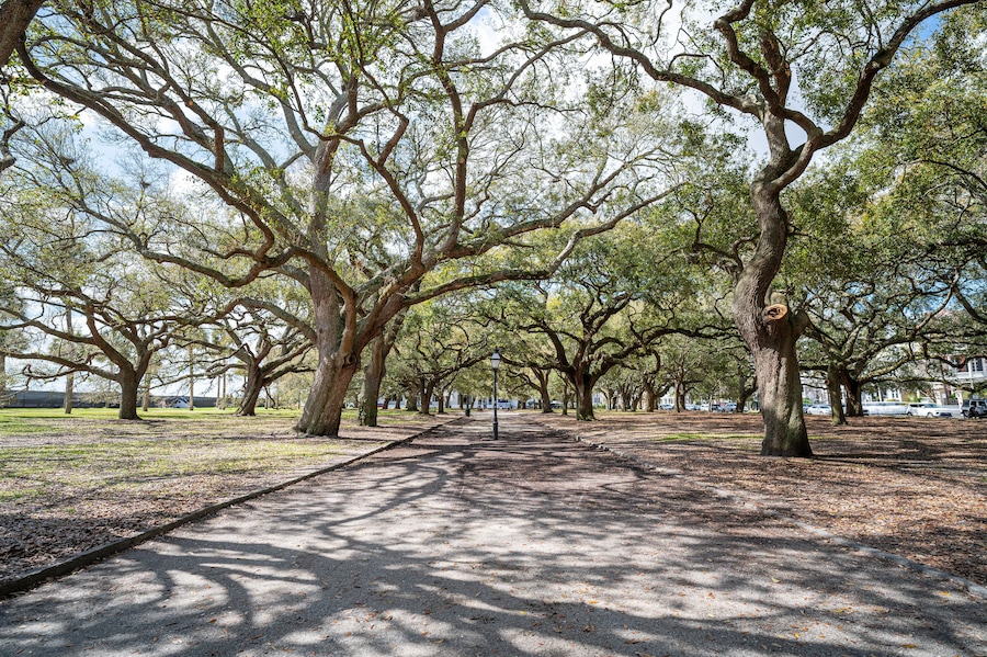 White Point Garden at the Battery in Charleston South Carolina with Southern Live Oak Trees.