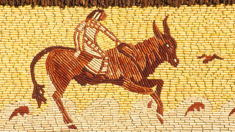 Detail of mosaic on Corn Palace, roadside attraction in West Mitchell, SD