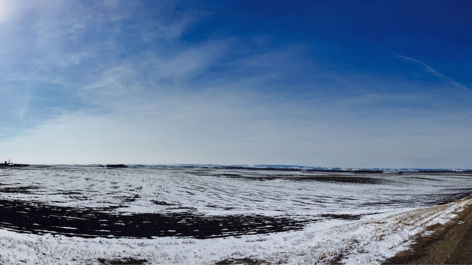 A snow-covered landscape with a dirt road leading into the distance and a clear blue sky.