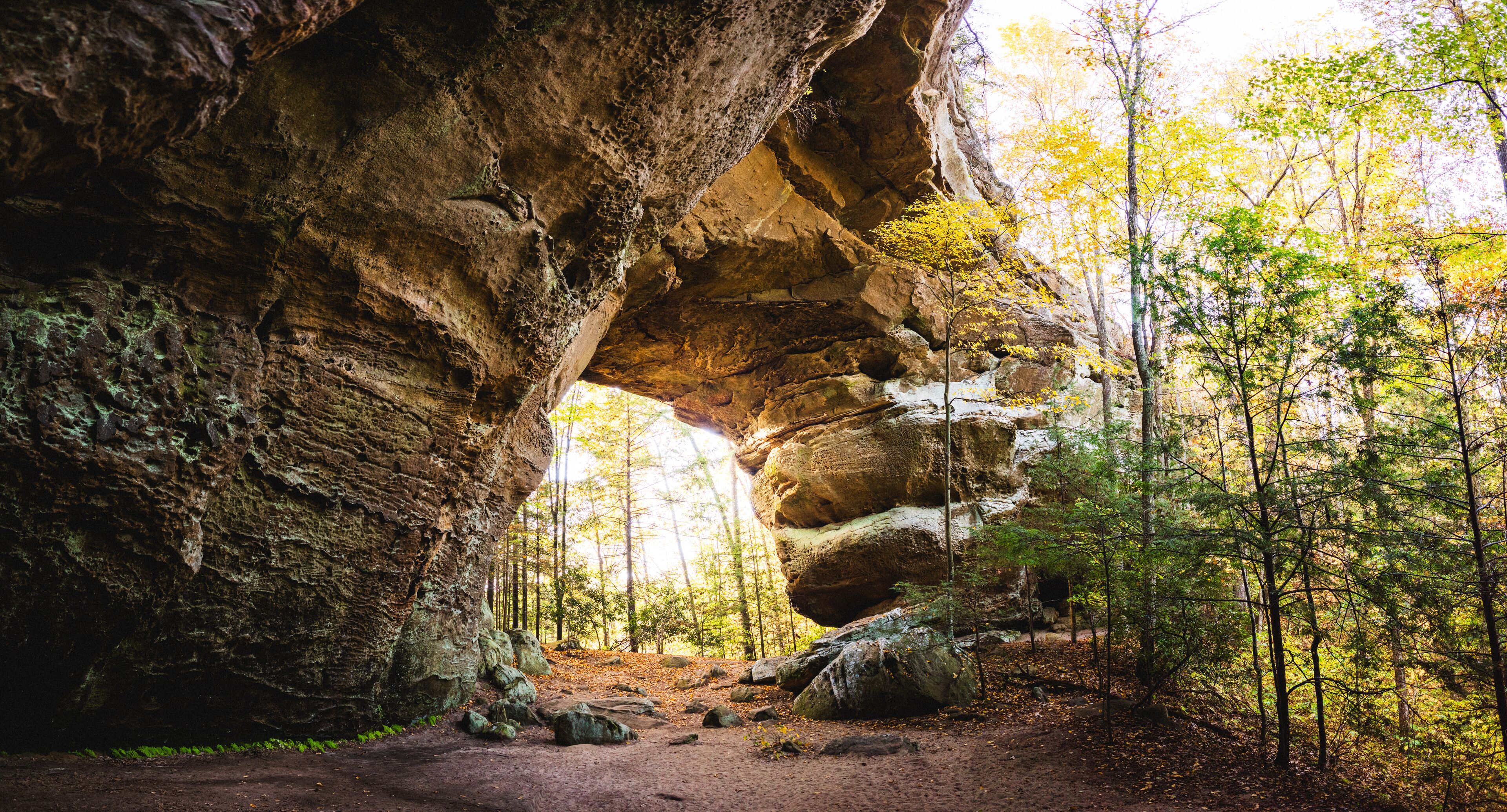 Panoramic view of Twin Arches at sunrise in Big South Fork National River and Recreation Area, Tennessee
