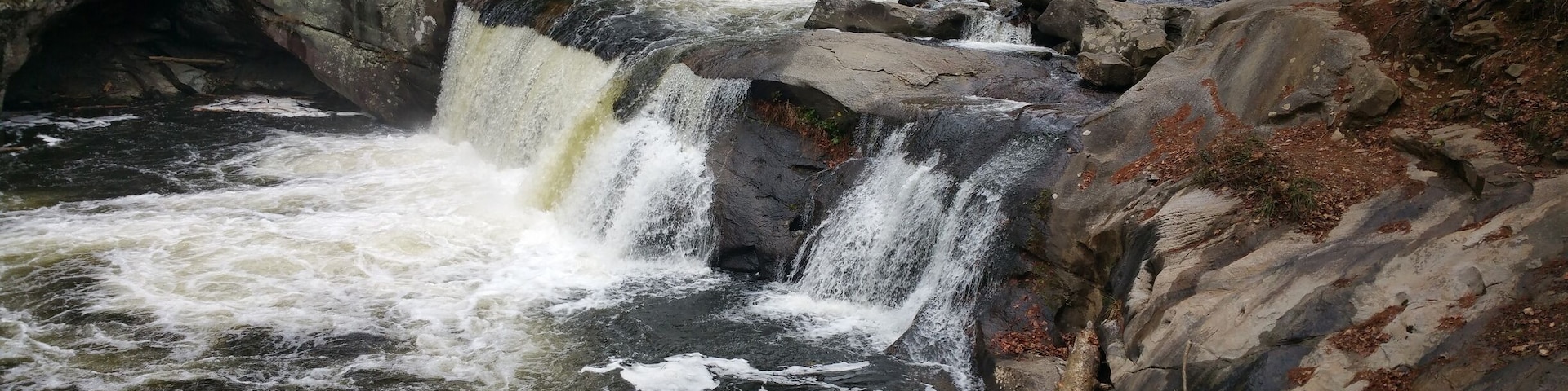 Ein Wasserfall stürzt über Felsen in bewaldetem Gebiet.