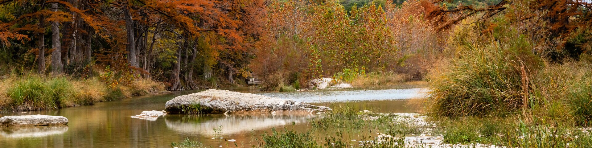 Un río con rocas y árboles de colores otoñales.