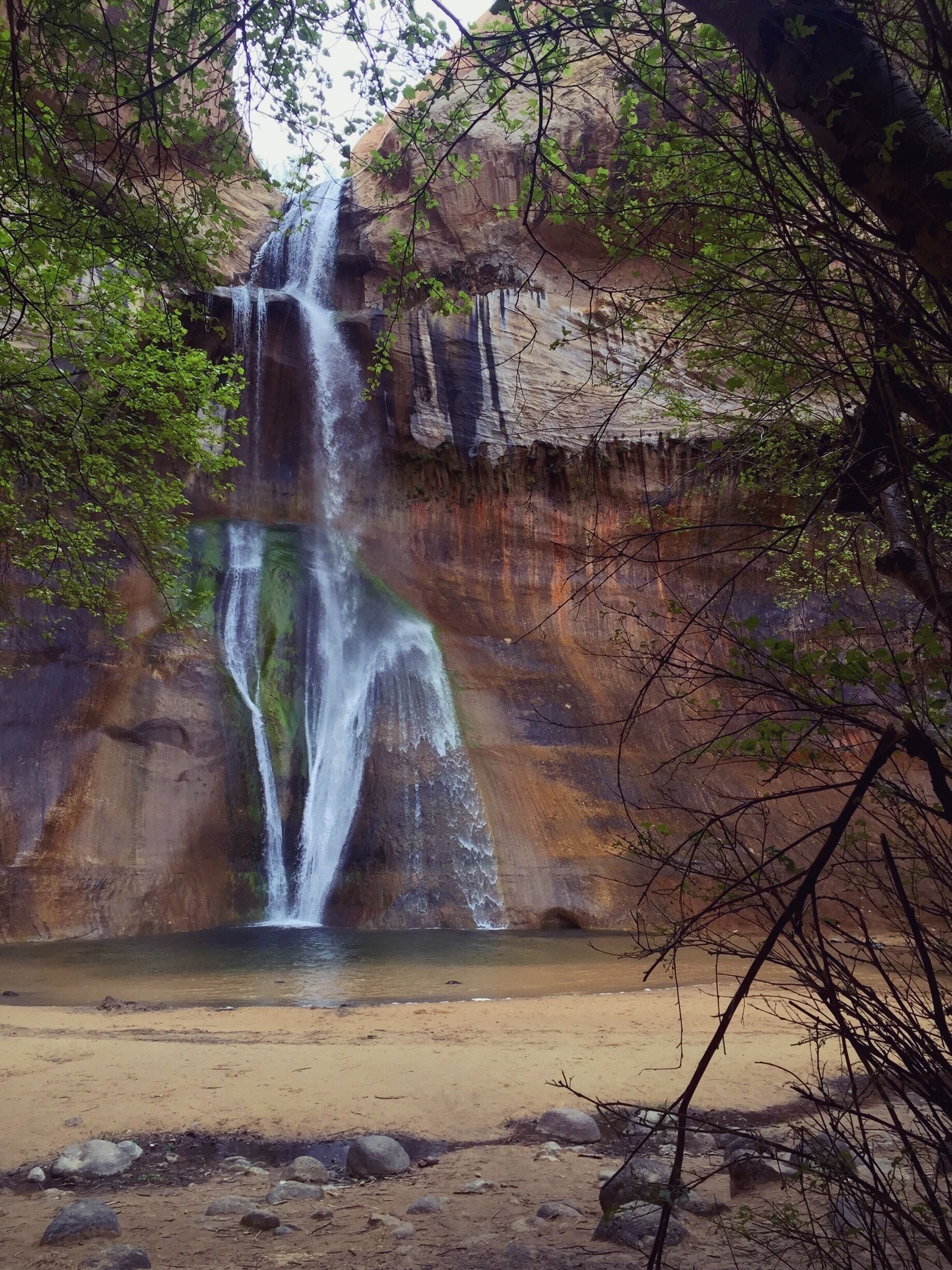 A waterfall cascading down a rocky cliff into a shallow pool surrounded by trees.