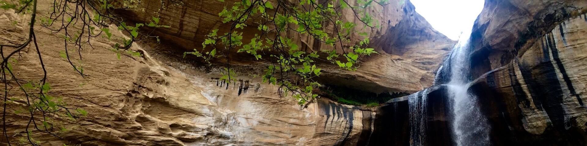 Hiking bud taking a photo of the waterfall in Boulder, Utah
