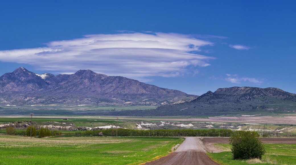 Tremonton and Logan Valley landscape views from Highway 30 pass, including Fielding, Beaverdam, Riverside and Collinston towns, by Utah State University, in Cache County along the Wasatch Front Range